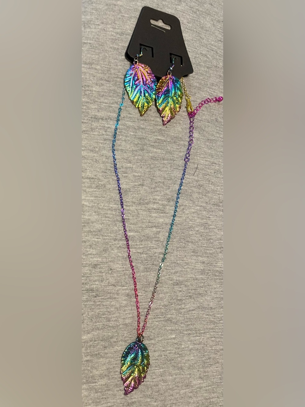 Rainbow Metal Leaf Necklace and Earring Set - Multicolor